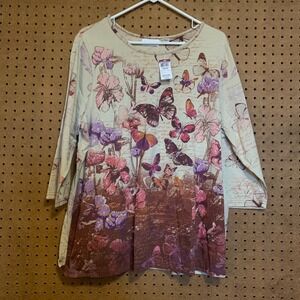 Y2K Womens Plus 1X Butterfly Floral Script Print Long Sleeve Top Blouse Novelty